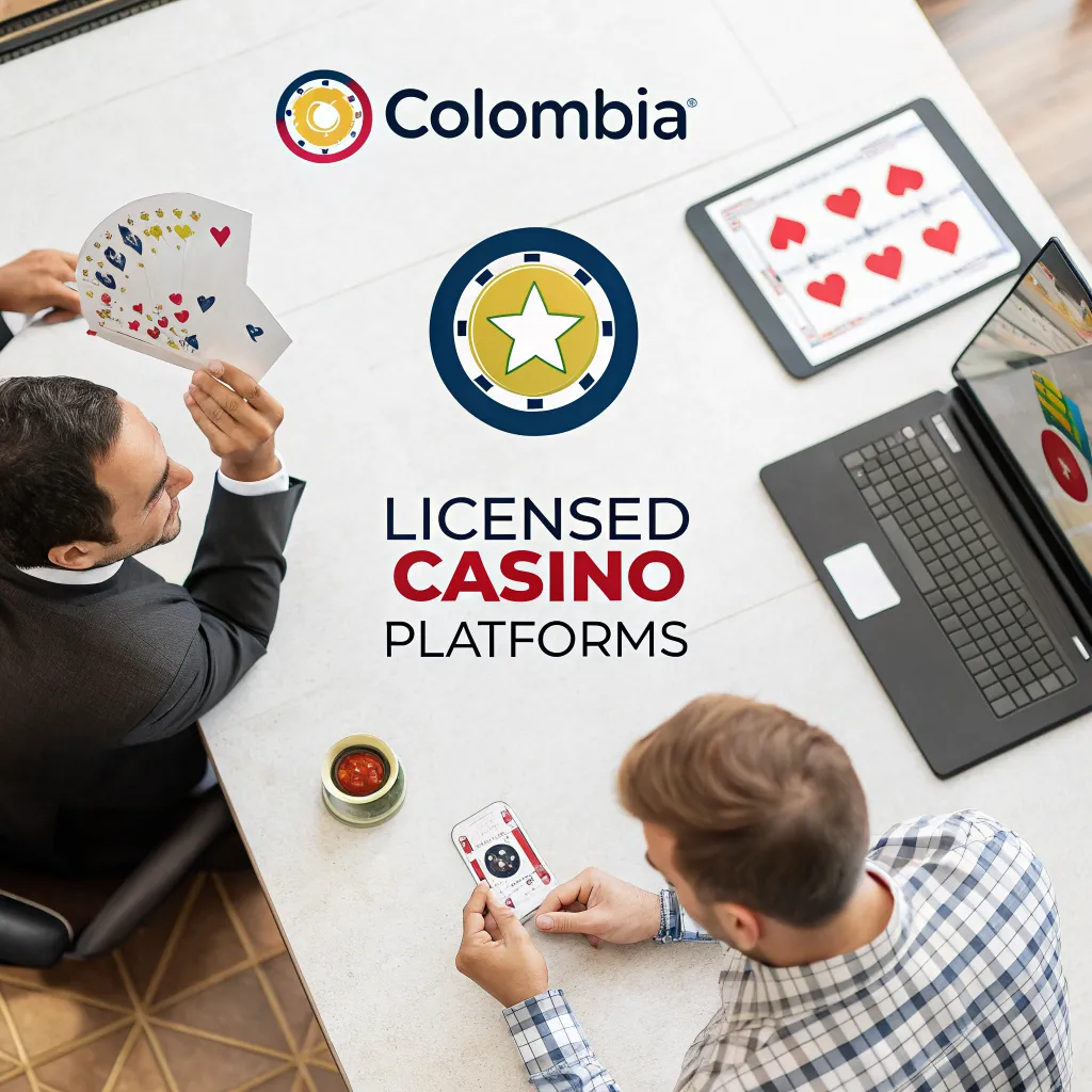 Ilustración editorial de comparación de plataformas de casino en línea en Colombia con íconos de verificación y licencia
