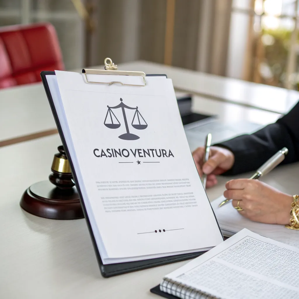 Documento legal con ícono de balanza de justicia representando los términos de uso del sitio CasinoVentura